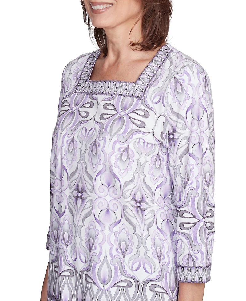 Alfred Dunner Women's Crystal Springs Border Medallion Kaleidoscope Square Neckline Top