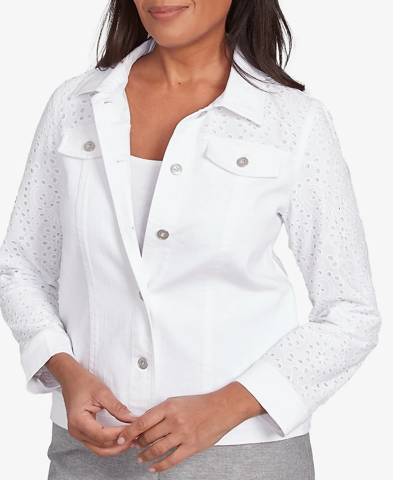 Alfred Dunner Women's Crystal Springs Eyelet Denim Collared Neck Jacket