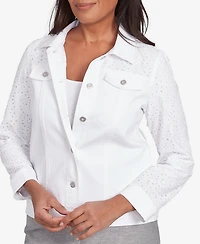 Alfred Dunner Women's Crystal Springs Eyelet Denim Collared Neck Jacket
