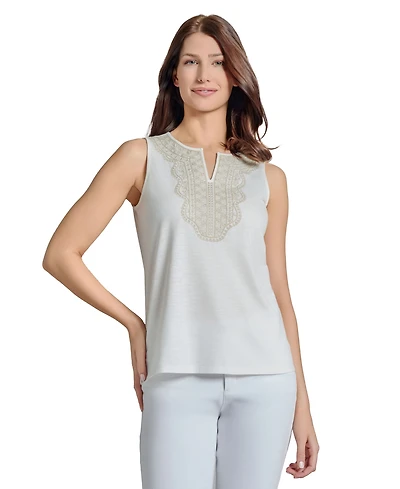 Jones New York Women's Drapey Slub Sleeve Split Neck Top