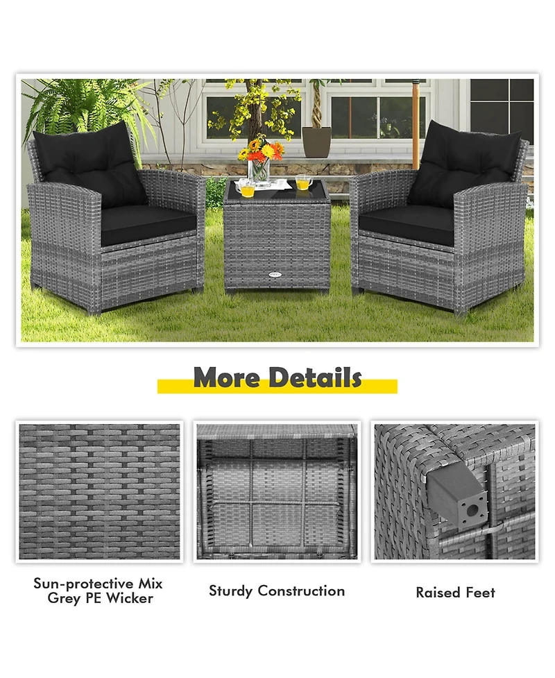 3PCS Patio Rattan Furniture Bistro Set Cushioned Sofas Side Table Armrest
