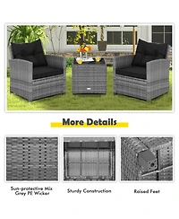 3PCS Patio Rattan Furniture Bistro Set Cushioned Sofas Side Table Armrest