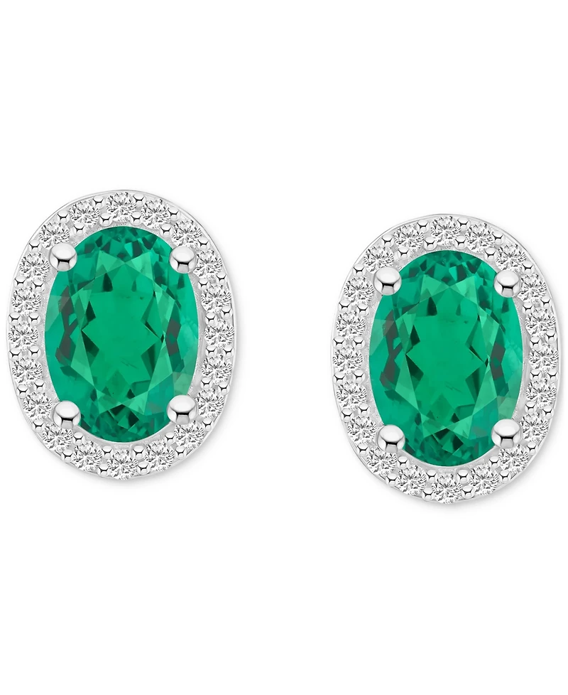 Lab-Created Emerald (1-3/8 ct. t.w.) & White Sapphire (1/5 Oval Halo Stud Earrings 10k Gold