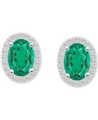 Lab-Created Emerald (1-3/8 ct. t.w.) & White Sapphire (1/5 Oval Halo Stud Earrings 10k Gold