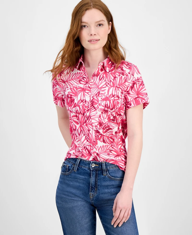 Nautica Jeans Women's Palm-Print Cotton Camp Shirt