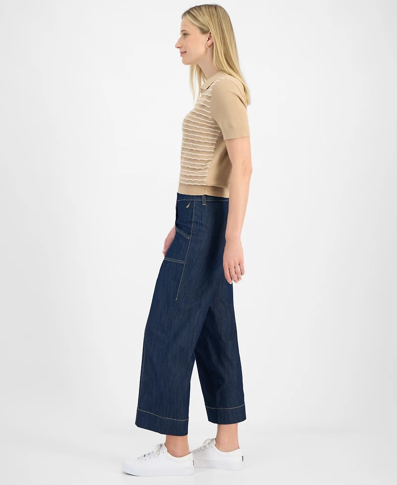 Nautica Jeans Women's Contrast-Stitching Wide-Leg Cropped Jeans