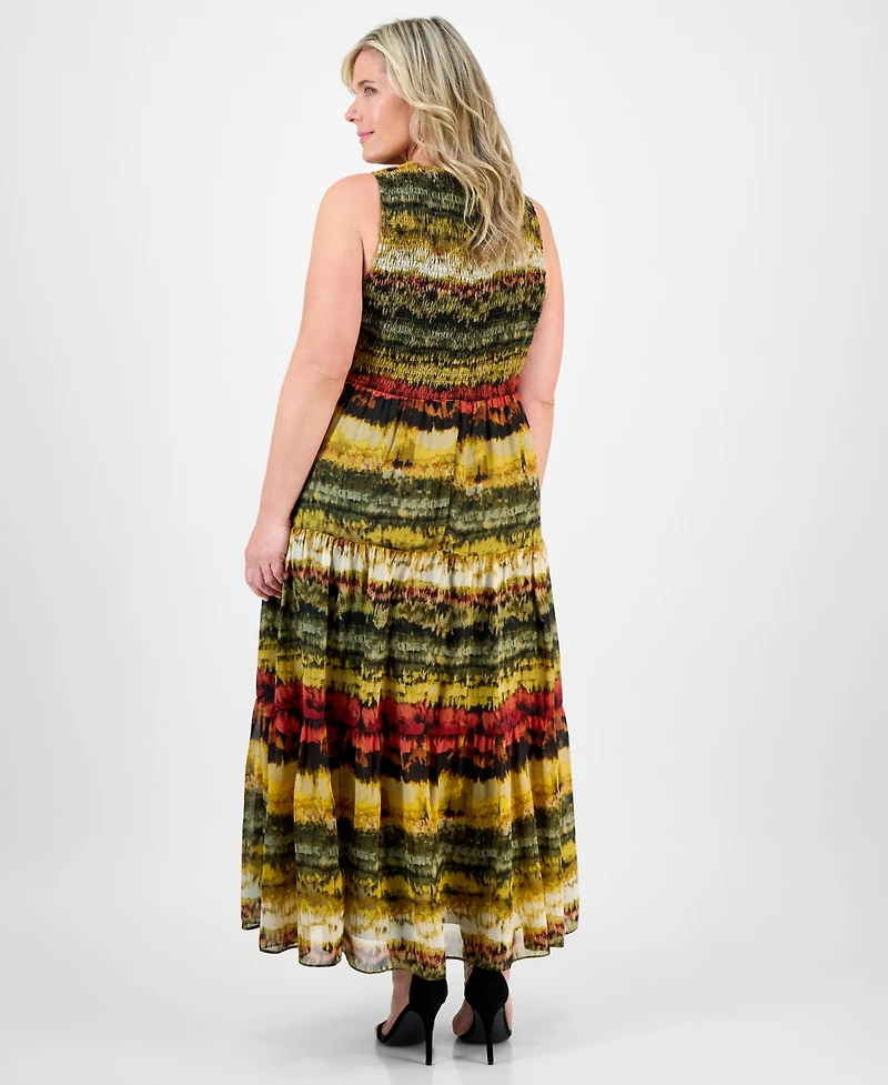 Anne Klein Plus Printed Smocked-Bodice Tiered Dress