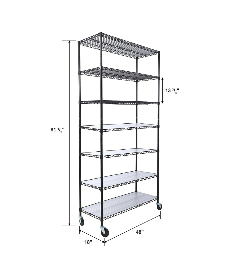 7 Tier Metal Shelf Wire Shelving Unit, 2450lbs Heavy Duty Adjustable Storage Rack with Wheels & Shelf Liners