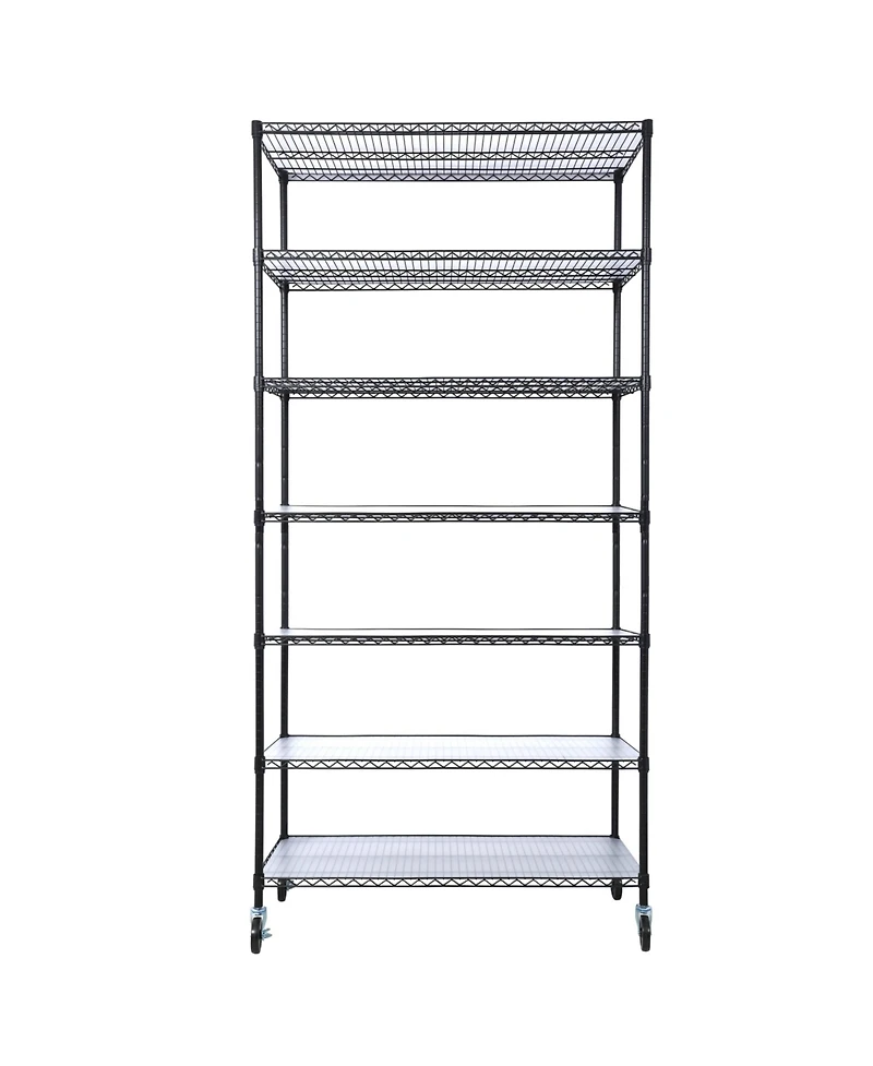 7 Tier Metal Shelf Wire Shelving Unit, 2450lbs Heavy Duty Adjustable Storage Rack with Wheels & Shelf Liners