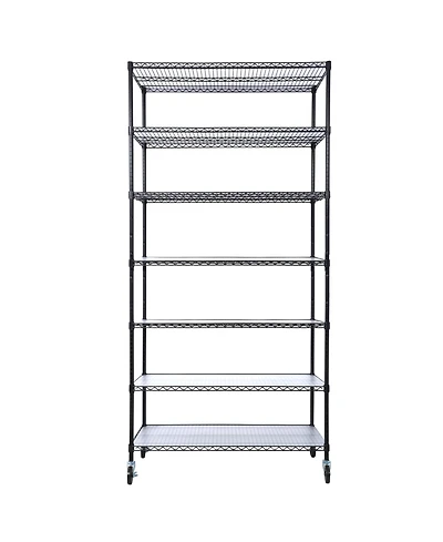 7 Tier Metal Shelf Wire Shelving Unit, 2450lbs Heavy Duty Adjustable Storage Rack with Wheels & Shelf Liners