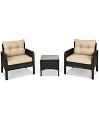 3PCS Outdoor Rattan Conversation Set Patio Furniture Cushioned Sofa Chair