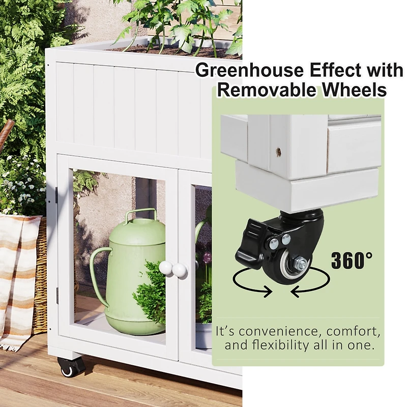 Mini Wood Cold Frame, Compact 2 Doors Garden Greenhouse with Wheels, Raised Bed with Liner for Indoor Outdoor Use