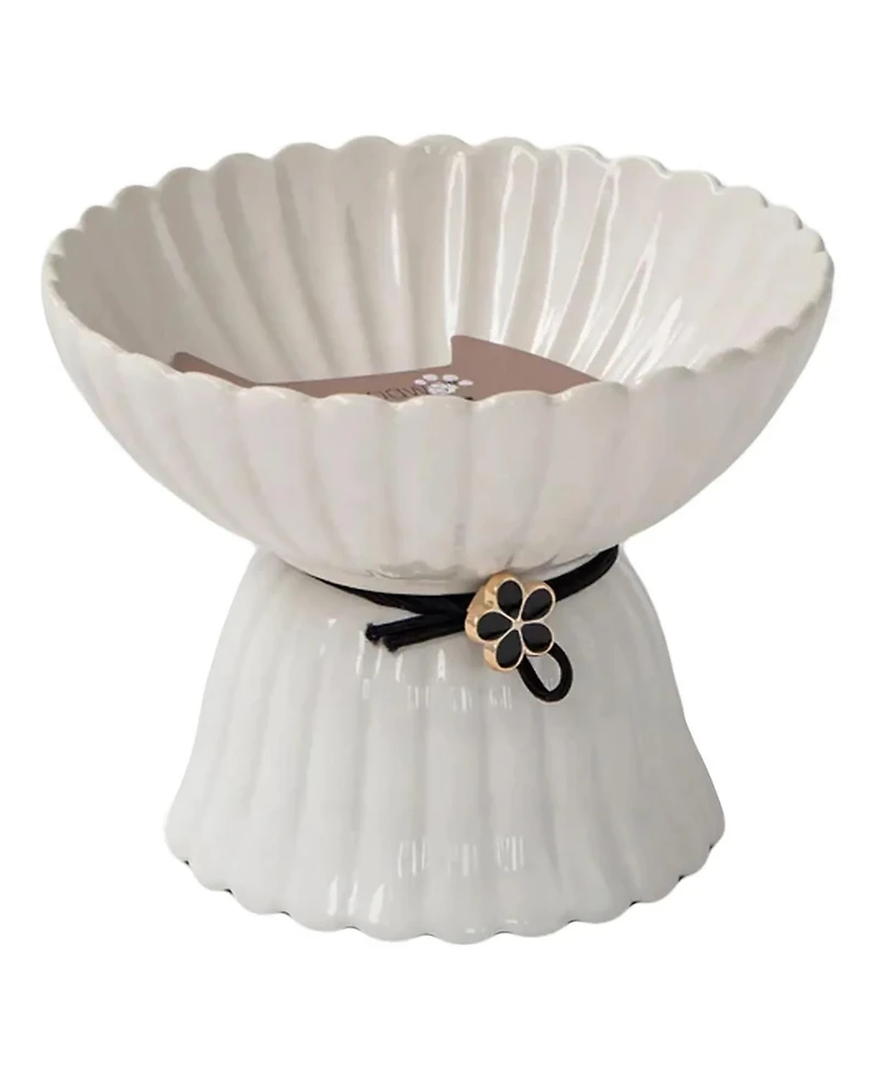 Elevated Cat Bowl: White & Black Flower