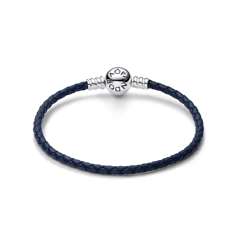 Pandora Moments Round Clasp Blue Braided Leather Bracelet