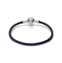 Pandora Moments Round Clasp Blue Braided Leather Bracelet