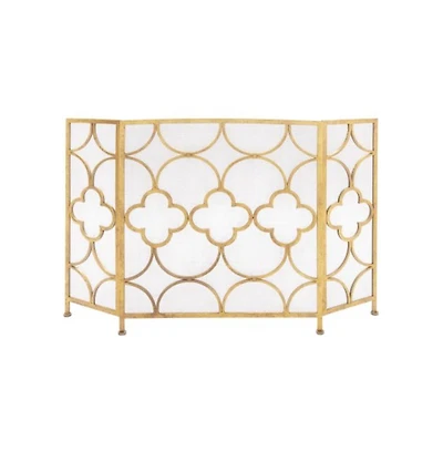 Metal Fireplace Screen – 3-Panel Design with Decorative Quatrefoil Pattern