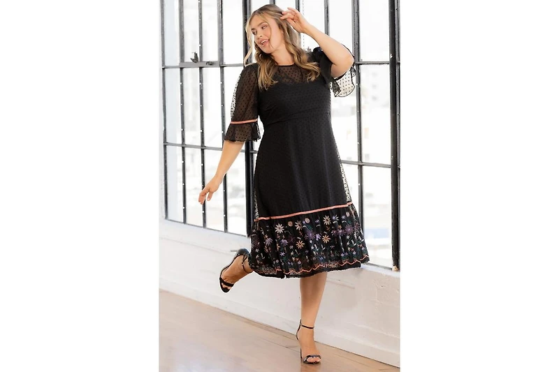 Kiyonna Plus Mesmerizing Embroidered Cocktail Midi Dress