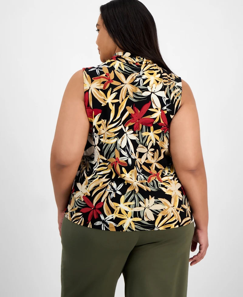 Anne Klein Plus Printed Triple-Pleated V-Neck Top