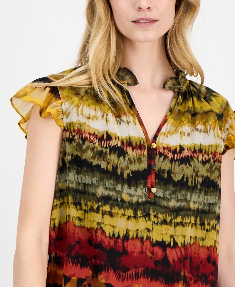 Anne Klein Women's Printed Ruffled-Neck Flutter-Sleeve Chiffon Top