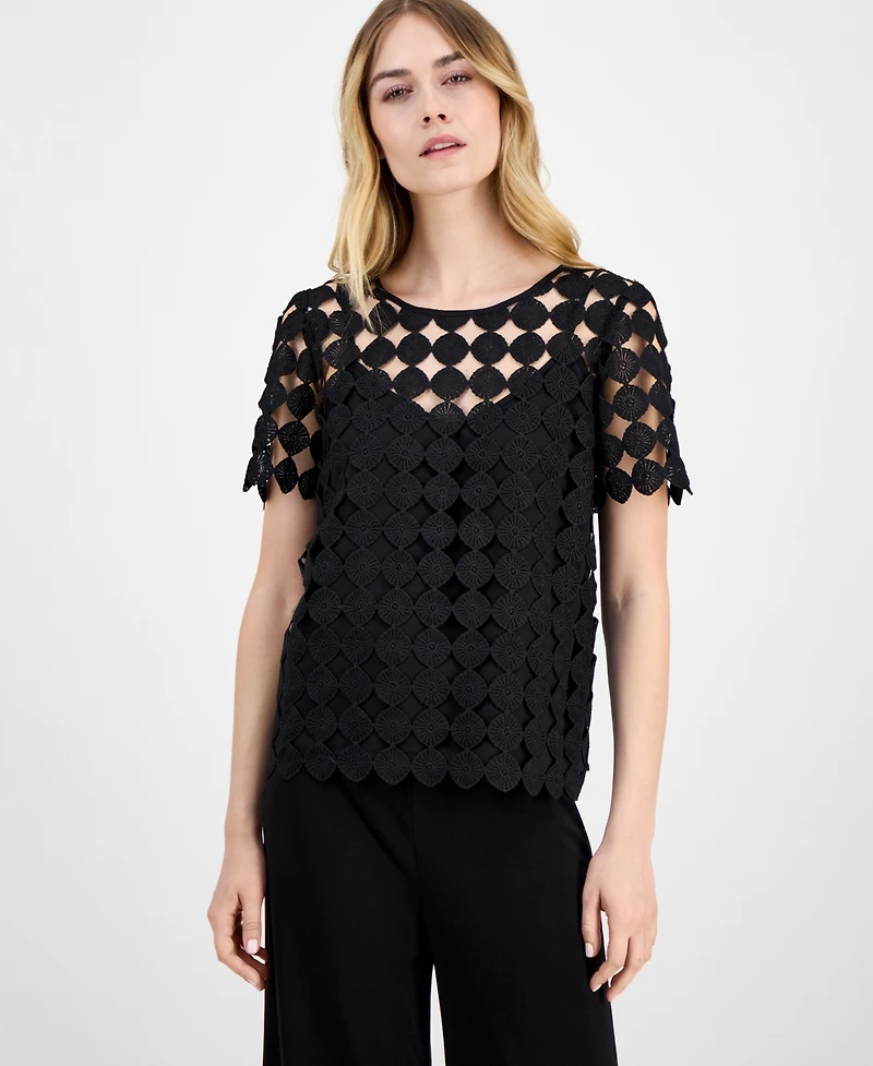 Anne Klein Women's Round-Neck Short-Sleeve Woven Lace Blouse