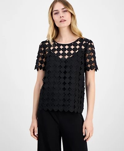 Anne Klein Women's Round-Neck Short-Sleeve Woven Lace Blouse