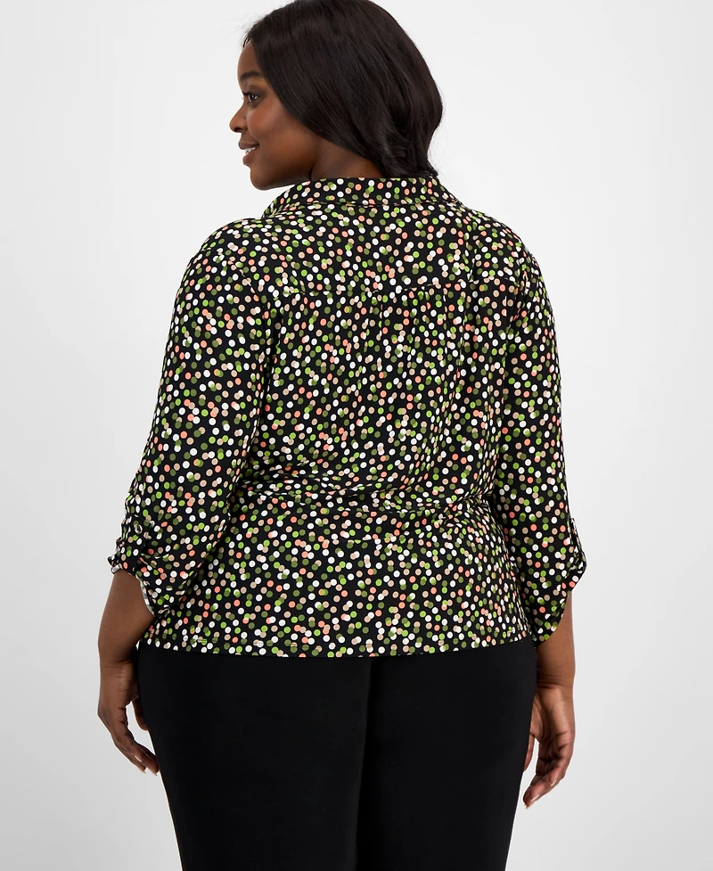 Ak Anne Klein Plus Button Roll-Tab Printed Blouse