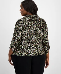 Ak Anne Klein Plus Button Roll-Tab Printed Blouse