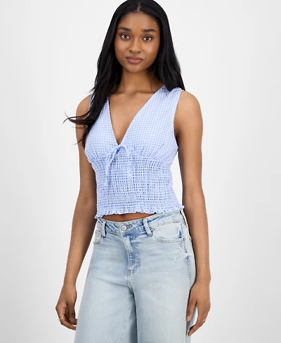 Madden Girl Juniors' Smocked Gingham Top