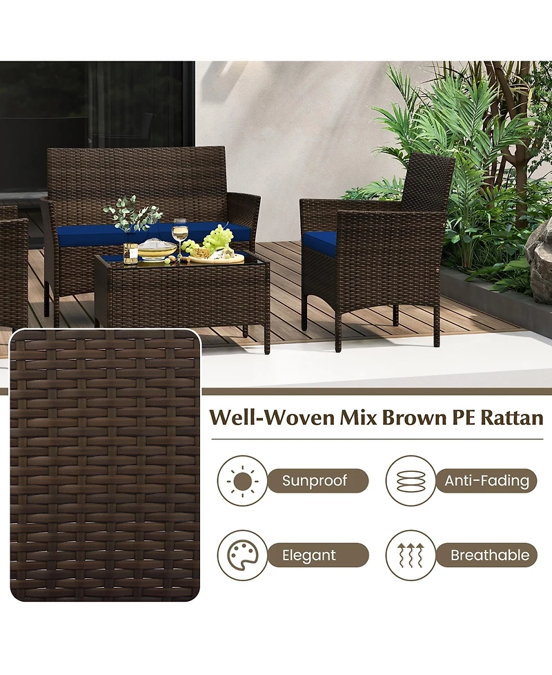 Gymax 4 Piece Outdoor Wicker Furniture Set Patio Rattan Conversation Set w /Cushions