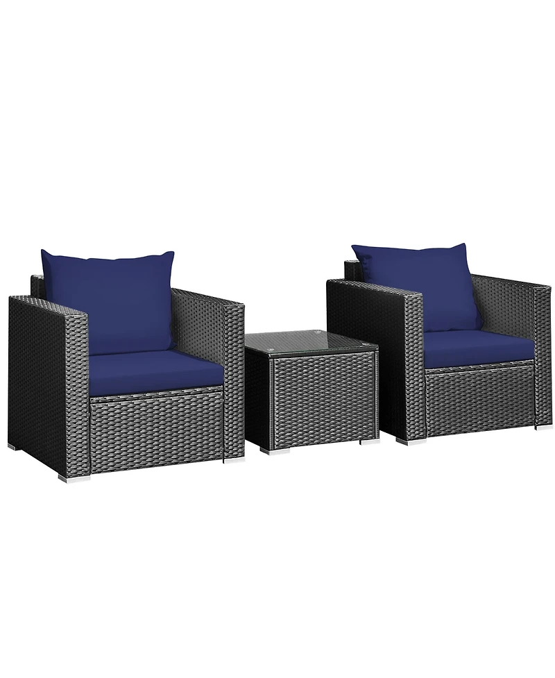 Gymax 3 Piece Rattan Outdoor Patio Conversation Furniture Set w/ Cushions