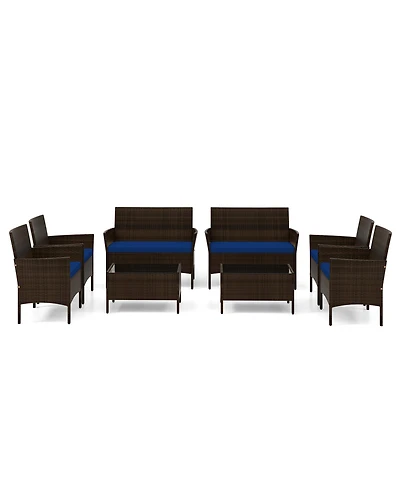 Gymax 8 Piece Outdoor Wicker Furniture Set Patio Rattan Conversation Set w/ Chair Loveseat Cushions