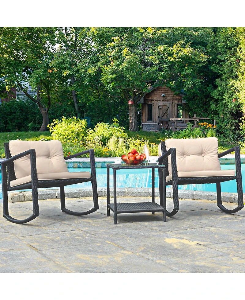 Gymax Set of 3 Rattan Patio Furniture Set Rocking Chair Table Set w/ Cushions