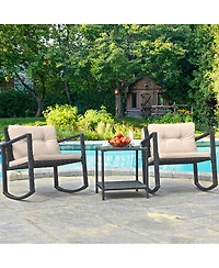Gymax Set of 3 Rattan Patio Furniture Set Rocking Chair Table Set w/ Cushions