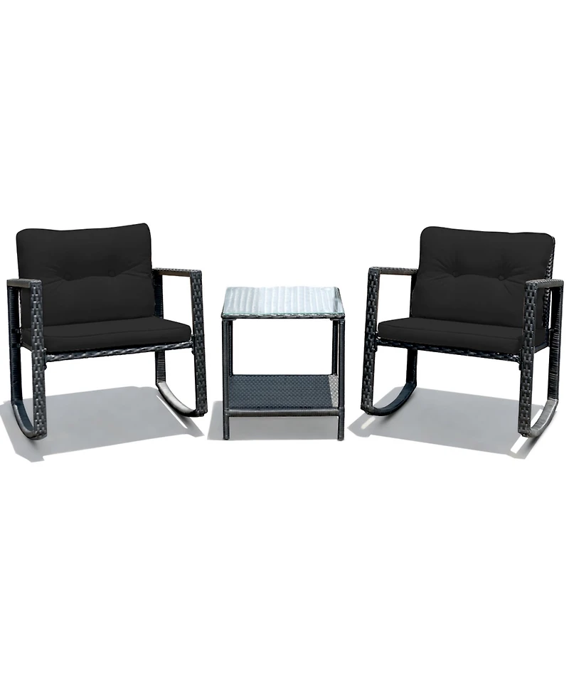 Gymax Set of 3 Rattan Patio Furniture Set Rocking Chair Set w/ Cushions Table
