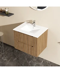 Casainc 24" Wall Mounted Walnut Bathroom Vanity Cabinet with White Basin Sink Combo Floating