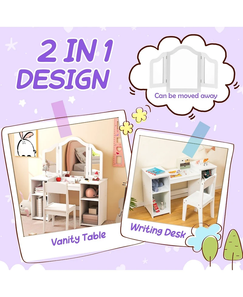 Kids Vanity Table and Chair Set with Removable Tri-Folding Mirror