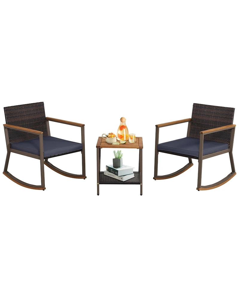 3 Pieces Rattan Rocking Bistro Set with Table and Cushions