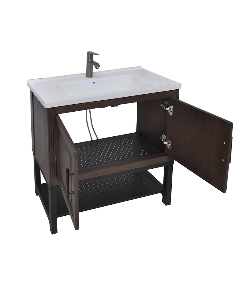 Casainc 36" Bathroom Vanity with White Ceramic Sink & Faucet,Freestanding Bathroom Cabinet with 2 Storage Doors and Open iron Shelf