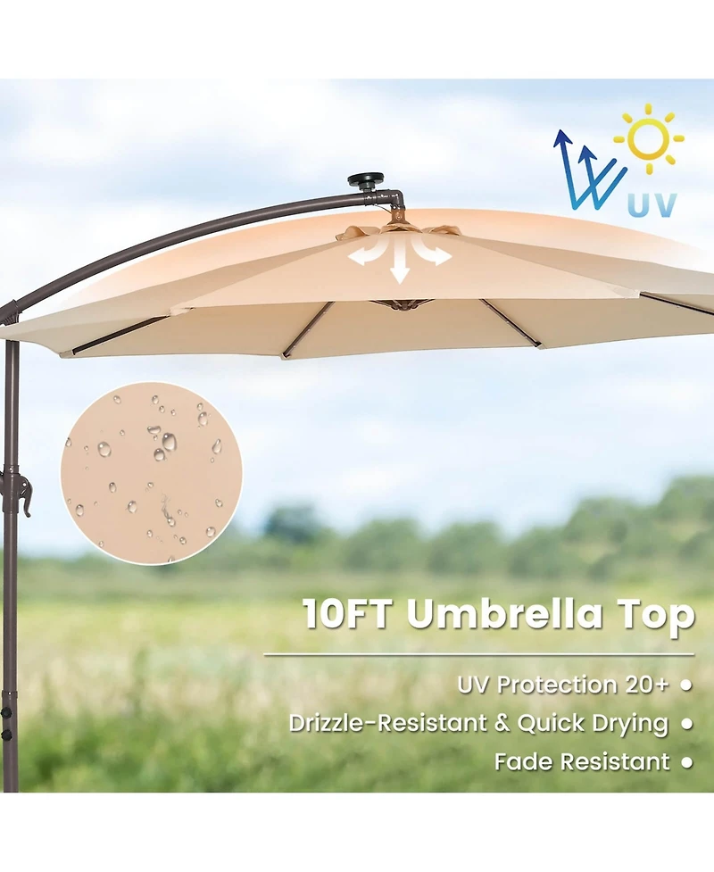 Patio 10FT Hanging Offset Umbrella 32 Led Lights Sand Bag Outdoor Cross Base
