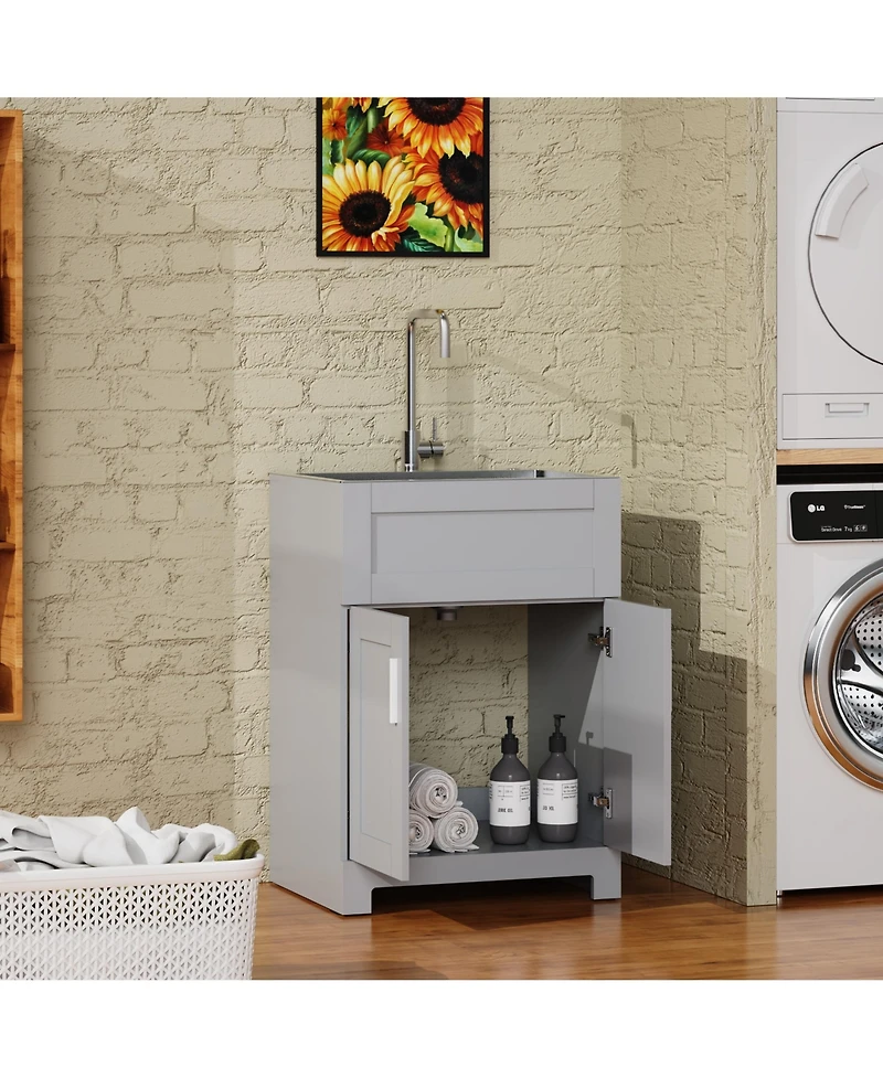 Casainc 24" Bathroom Sink Vanity Laundry Utility Gray Cabinet w/ Stainless Steel Sink Combo