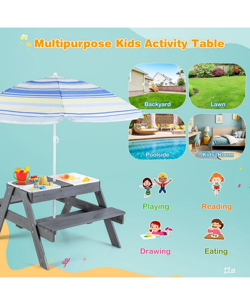 Kids Picnic Table Set with 3 Removable Bins