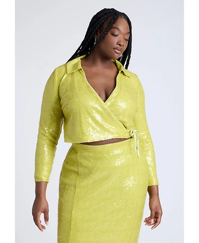 Eloquii Women's Sequin Wrap Collared Top
