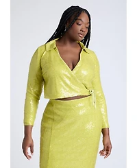 Eloquii Women's Plus Size Sequin Wrap Collared Top
