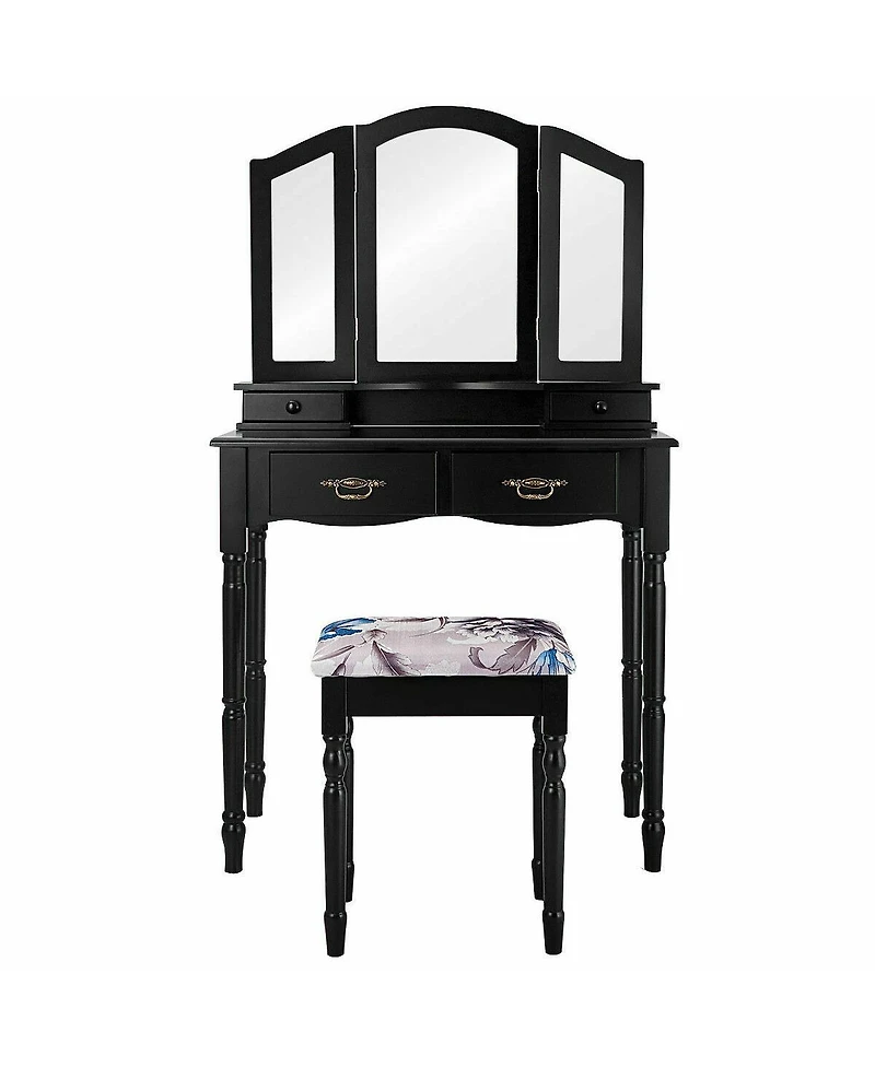 Simple Vanity Set with Tri-Folding Mirror Drawers and Storage Shelf