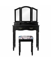 Simple Vanity Set with Tri-Folding Mirror Drawers and Storage Shelf