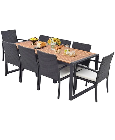 9 Pieces Patio Rattan Dining Set with Acacia Wood Table for Backyard Garden-l-shaped Handrail