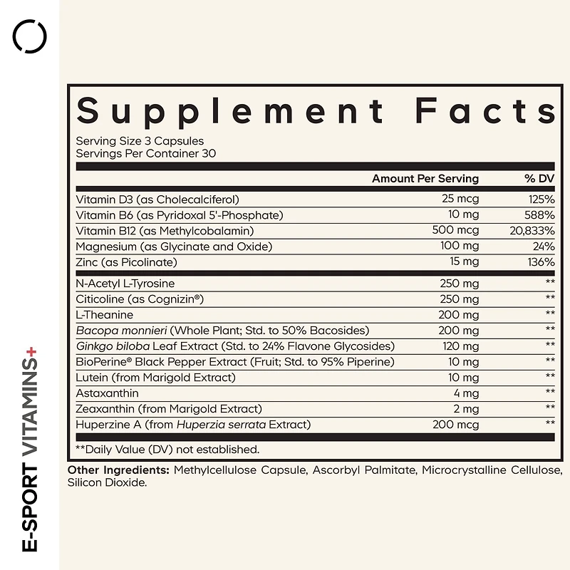 Codeage E-Sport Vitamins+ Citicoline Cognizin, Bacopa Monnieri Supplement, Multivitamins, Astaxanthin, L-Theanine, Ginkgo Biloba, Acetyl-l-Tyrosine, H