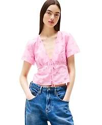 Tommy Jeans Women's Cotton Embroidered Plunging-Neck Blouse