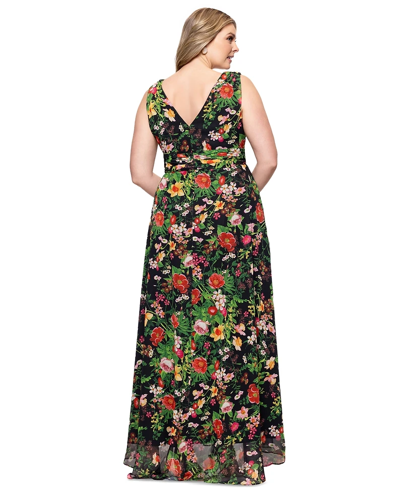 Betsy & Adam Plus Size Floral Print V-Neck Sleeveless Gown