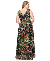 Betsy & Adam Plus Size Floral Print V-Neck Sleeveless Gown